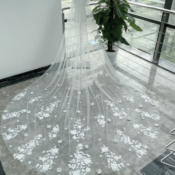 3D Flowers & Lace Cathedral Length Bridal Veil - Ivory - Picture 1 of 8